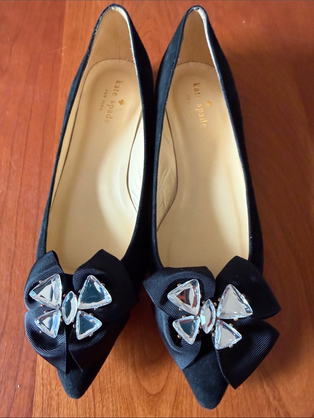 Kate Spade Black Pointed Toe Flats with Bow and Crystal Embellishment